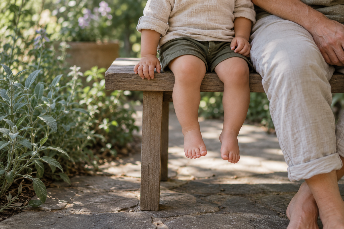 A toddler sitting beside a parent, with little bare feet hanging freely above a garden path