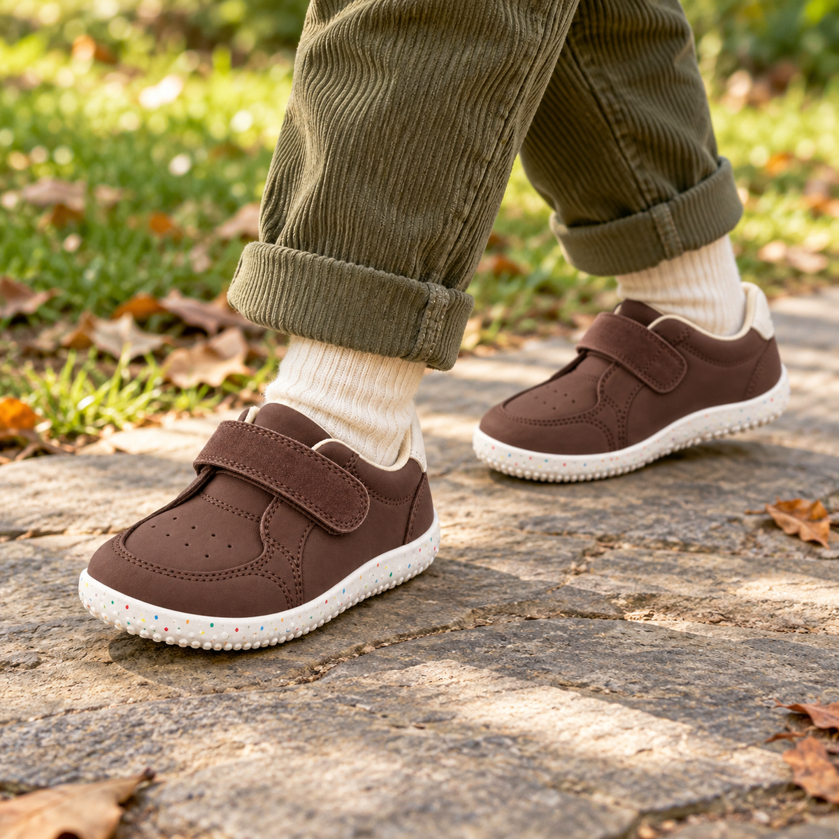 A young child wearing Active Kids — Perforated PU — Chocolate outdoors