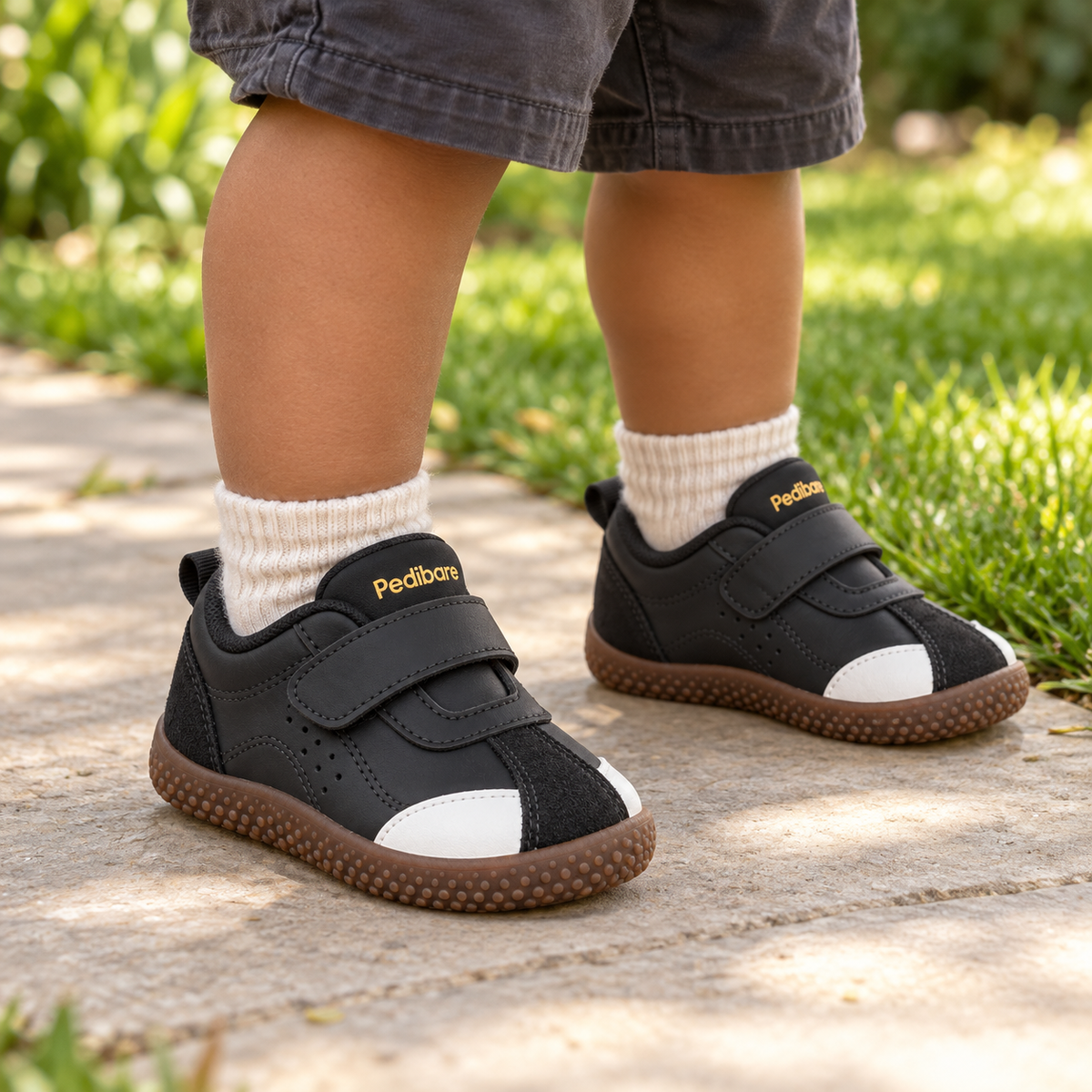 A young child wearing Growing Walkers — Soft PU — Black outdoors