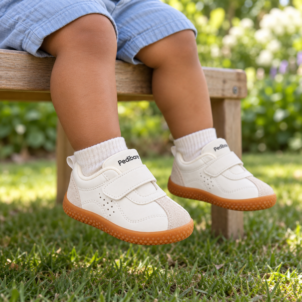 A young child wearing Growing Walkers — Soft PU — White outdoors