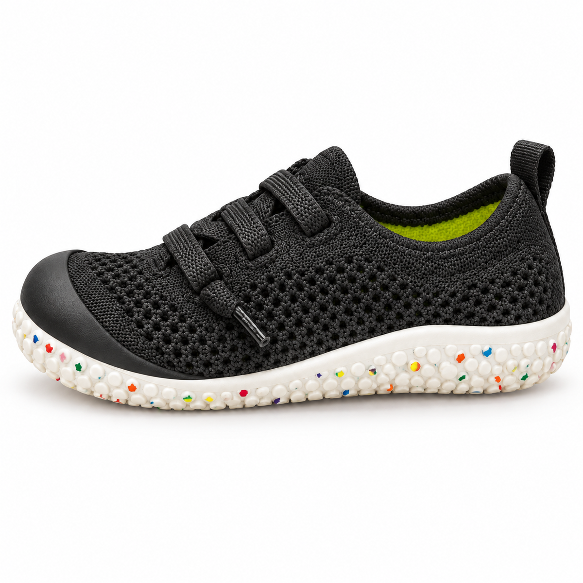 Side view of the Black First Walkers Knit shoe