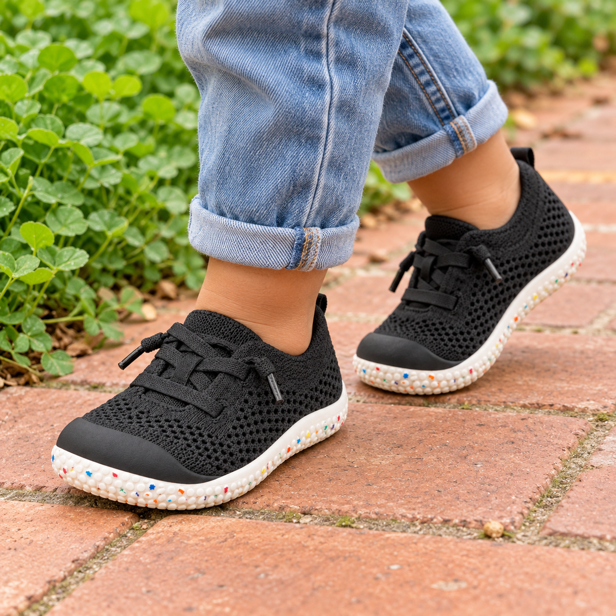Little feet wearing First Walkers Knit shoes in Black