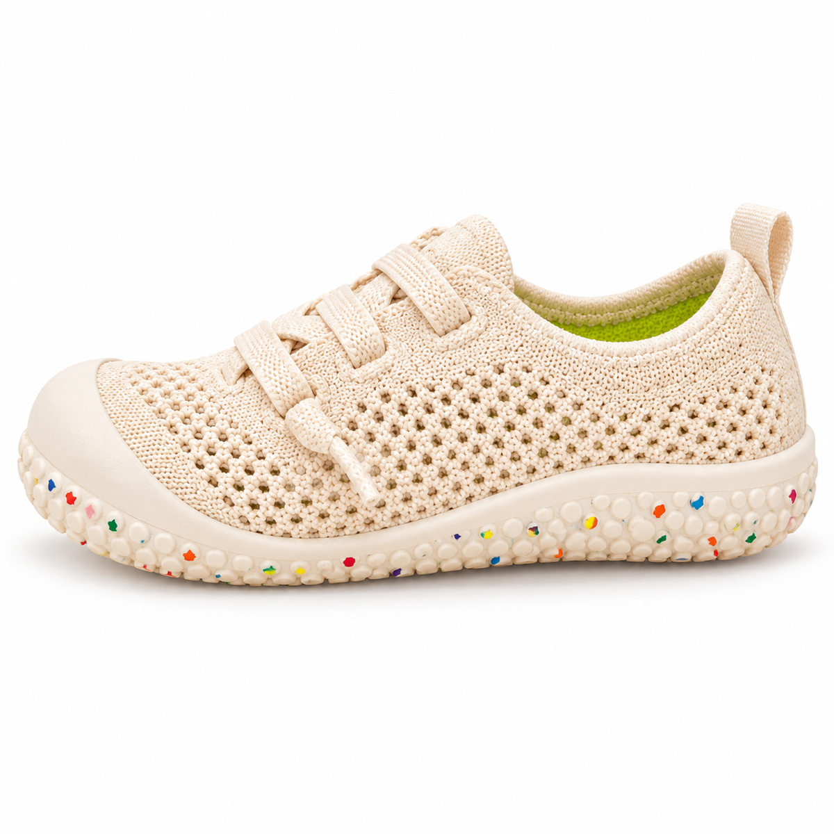 Side view of the Cream First Walkers Knit shoe