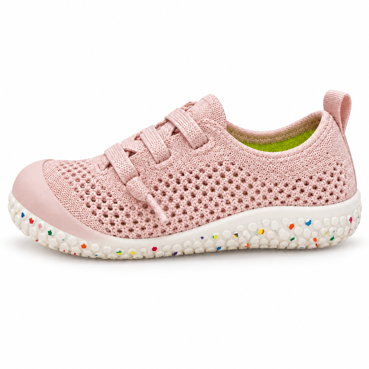 Side view of the Pink First Walkers Knit shoe