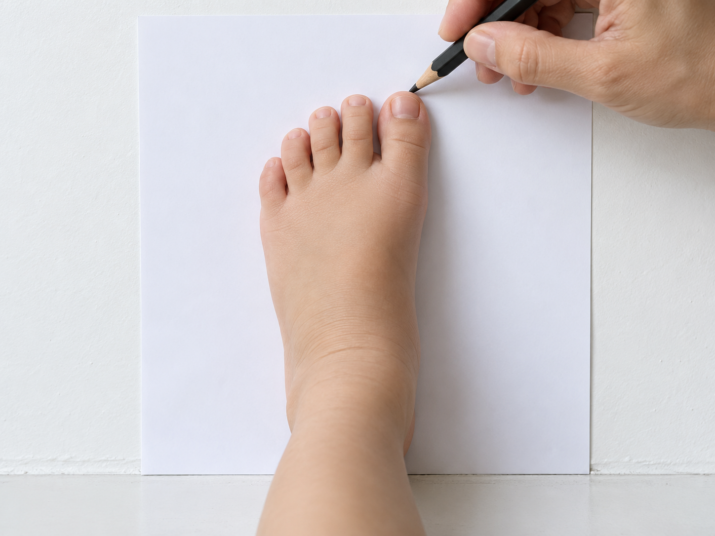 Close-up of a toddler’s foot on paper, with a pencil marking just beyond the longest toe