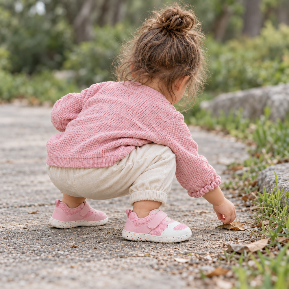 A child playing outdoors in pink Pedibare mesh shoes