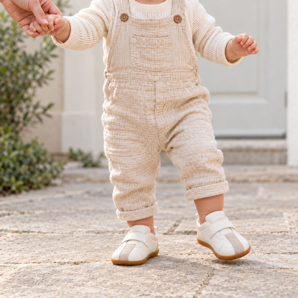 A toddler wearing white Pedibare Growing Walkers shoes