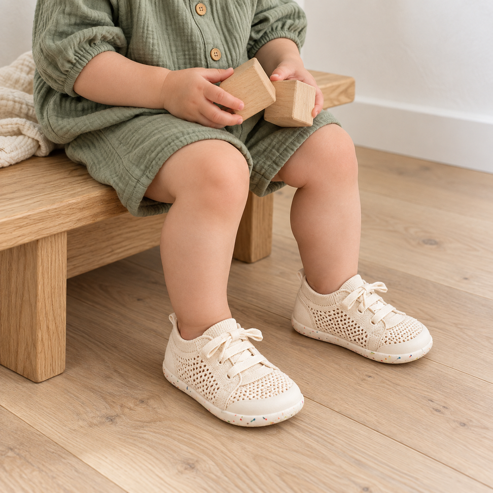 A toddler wearing cream Pedibare knit shoes