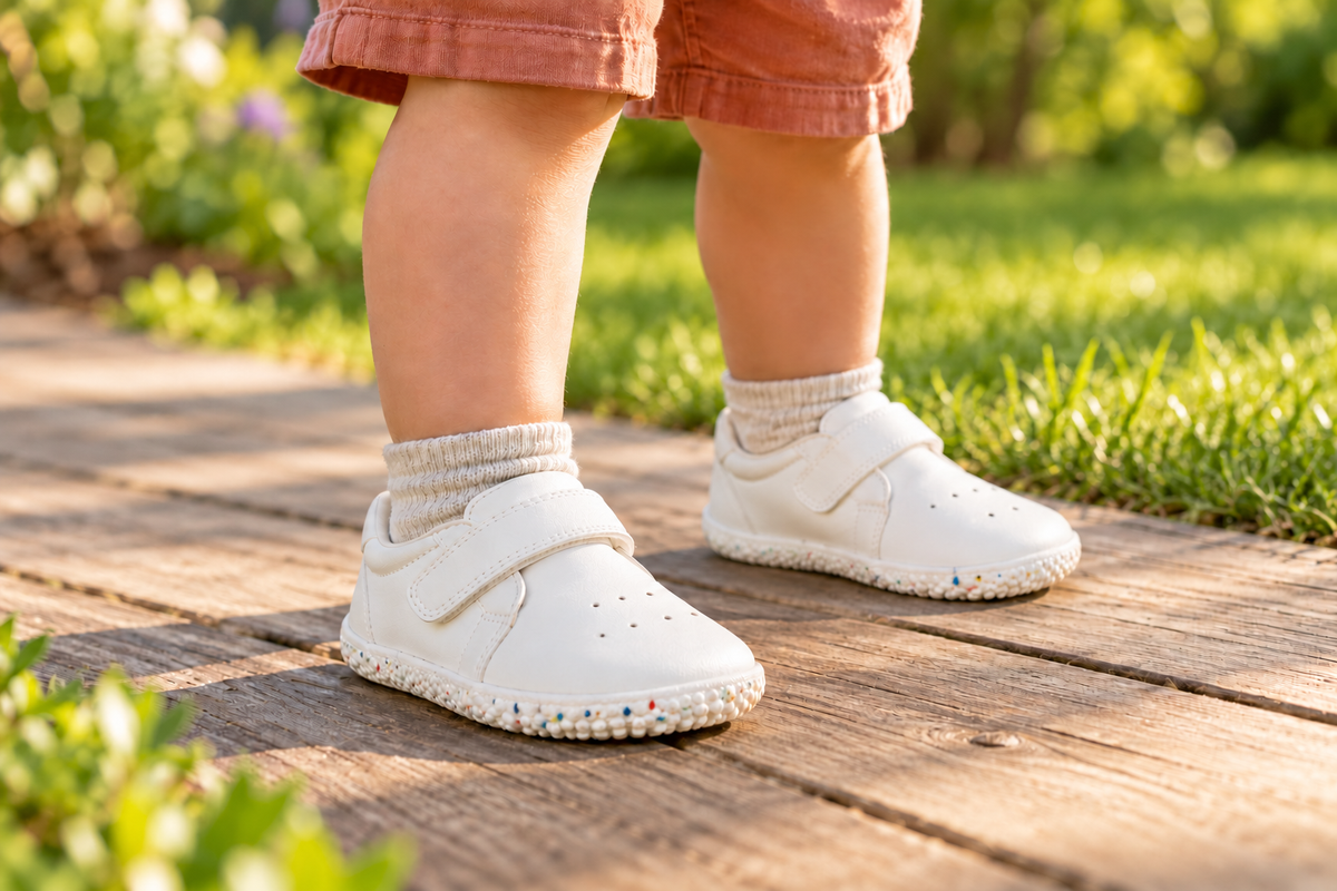 A young child wearing Active Kids — Perforated PU — White outdoors